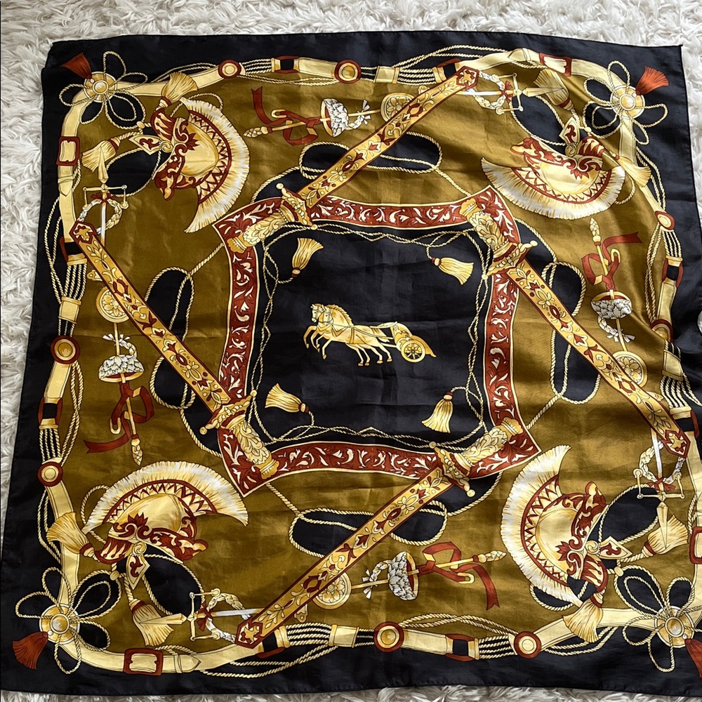 Silk Decorative large Square Scarf in Olive and Black-VG vintage condition